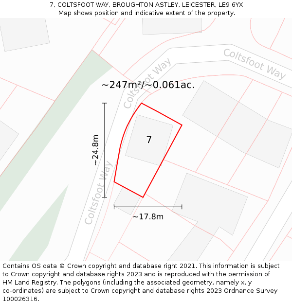 7, COLTSFOOT WAY, BROUGHTON ASTLEY, LEICESTER, LE9 6YX: Plot and title map