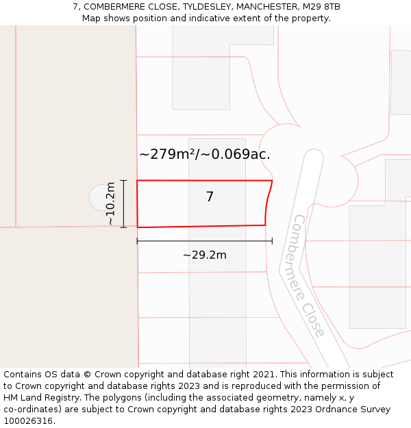 7, COMBERMERE CLOSE, TYLDESLEY, MANCHESTER, M29 8TB: Plot and title map
