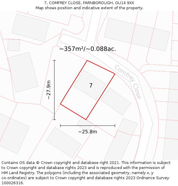 7, COMFREY CLOSE, FARNBOROUGH, GU14 9XX: Plot and title map