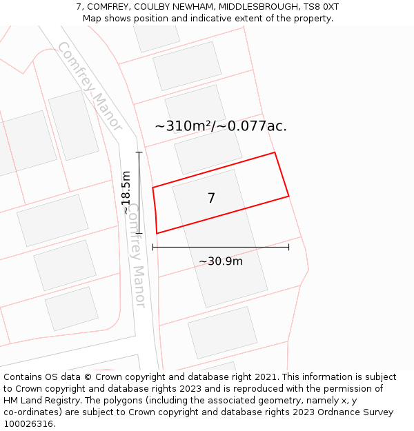 7, COMFREY, COULBY NEWHAM, MIDDLESBROUGH, TS8 0XT: Plot and title map