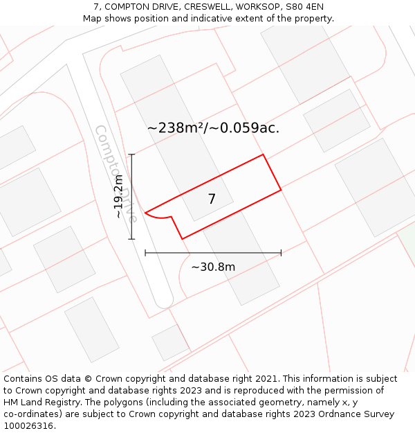 7, COMPTON DRIVE, CRESWELL, WORKSOP, S80 4EN: Plot and title map