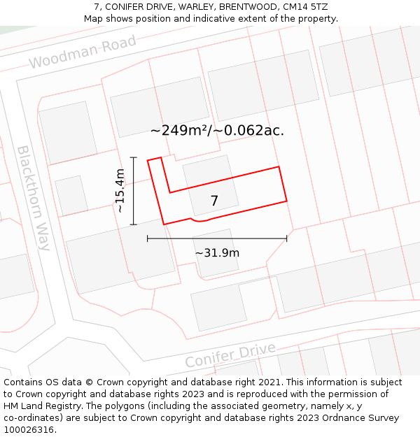 7, CONIFER DRIVE, WARLEY, BRENTWOOD, CM14 5TZ: Plot and title map