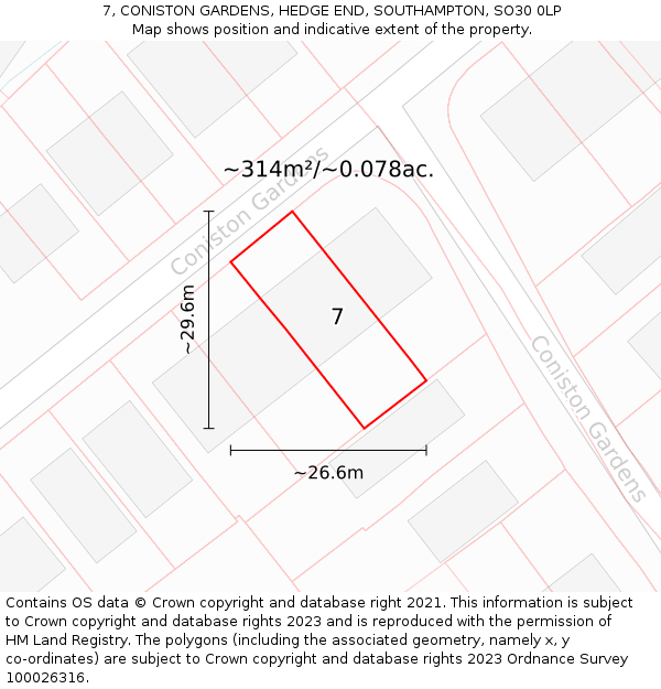 7, CONISTON GARDENS, HEDGE END, SOUTHAMPTON, SO30 0LP: Plot and title map