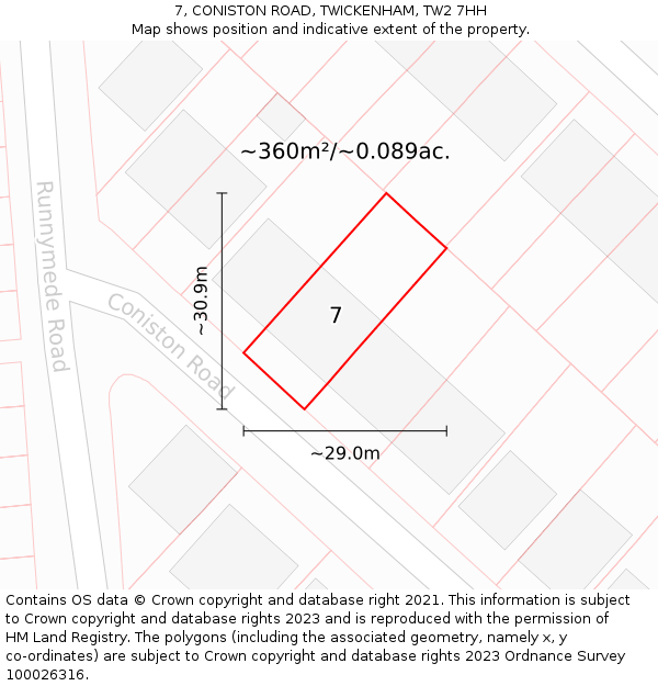7, CONISTON ROAD, TWICKENHAM, TW2 7HH: Plot and title map