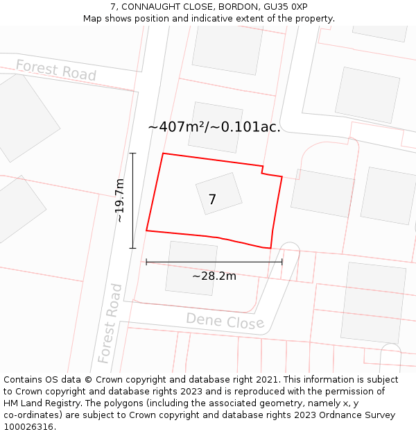 7, CONNAUGHT CLOSE, BORDON, GU35 0XP: Plot and title map