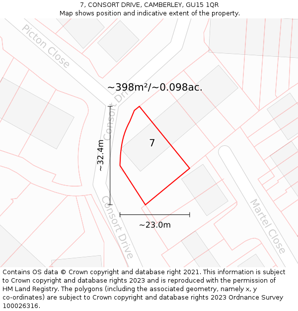 7, CONSORT DRIVE, CAMBERLEY, GU15 1QR: Plot and title map