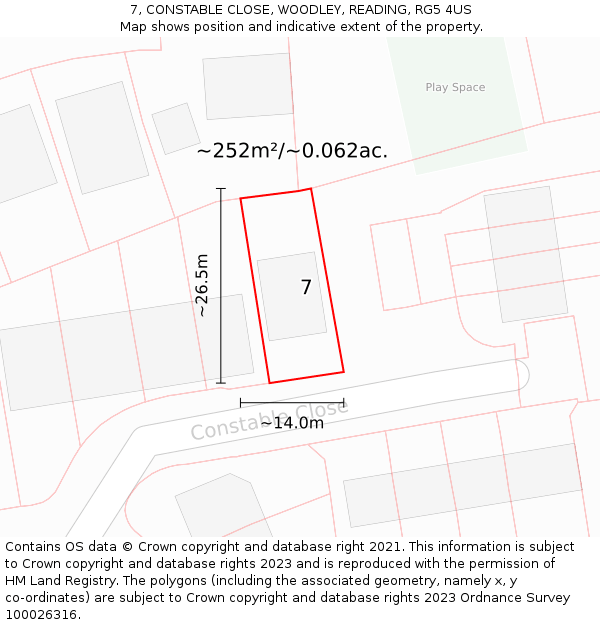 7, CONSTABLE CLOSE, WOODLEY, READING, RG5 4US: Plot and title map