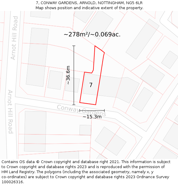 7, CONWAY GARDENS, ARNOLD, NOTTINGHAM, NG5 6LR: Plot and title map