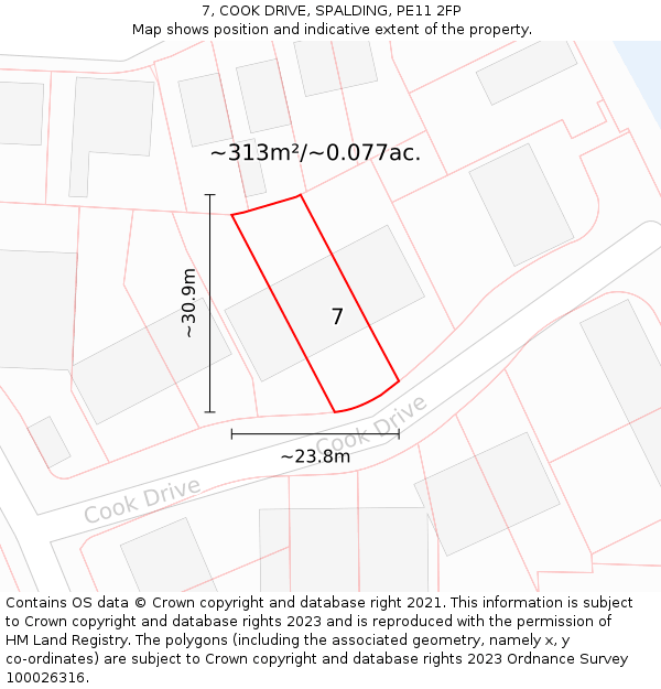 7, COOK DRIVE, SPALDING, PE11 2FP: Plot and title map