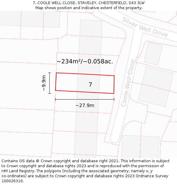 7, COOLE WELL CLOSE, STAVELEY, CHESTERFIELD, S43 3LW: Plot and title map