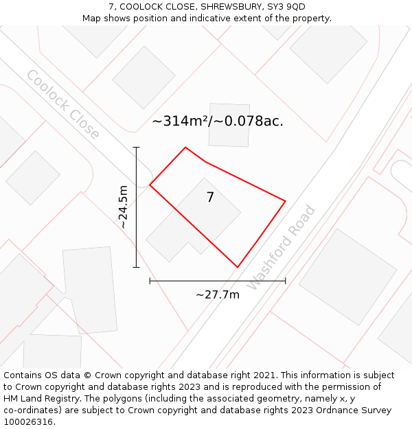 7, COOLOCK CLOSE, SHREWSBURY, SY3 9QD: Plot and title map
