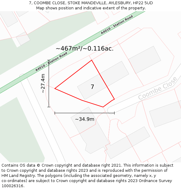 7, COOMBE CLOSE, STOKE MANDEVILLE, AYLESBURY, HP22 5UD: Plot and title map
