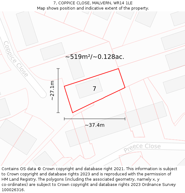 7, COPPICE CLOSE, MALVERN, WR14 1LE: Plot and title map