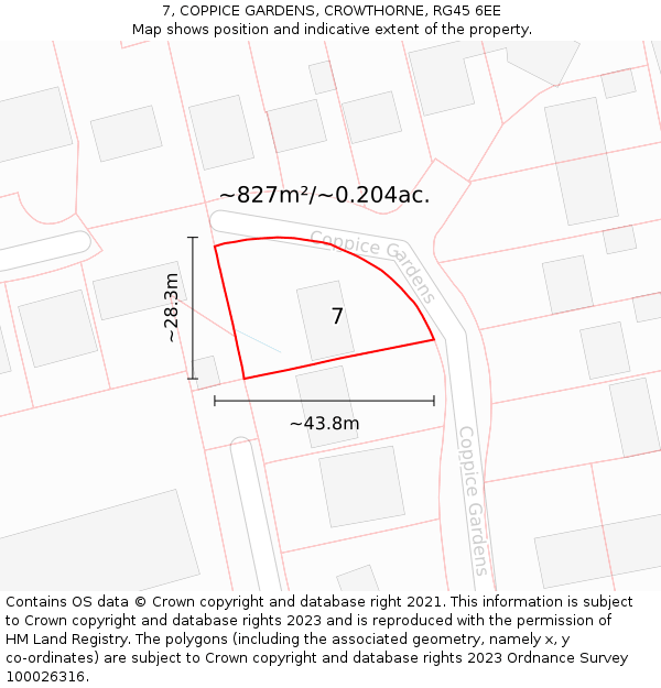 7, COPPICE GARDENS, CROWTHORNE, RG45 6EE: Plot and title map