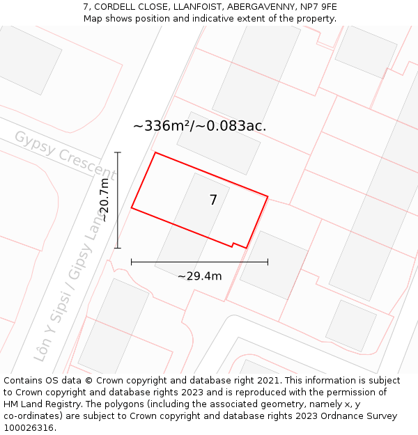 7, CORDELL CLOSE, LLANFOIST, ABERGAVENNY, NP7 9FE: Plot and title map