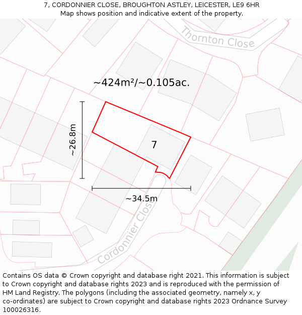 7, CORDONNIER CLOSE, BROUGHTON ASTLEY, LEICESTER, LE9 6HR: Plot and title map