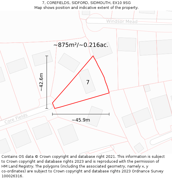7, COREFIELDS, SIDFORD, SIDMOUTH, EX10 9SG: Plot and title map