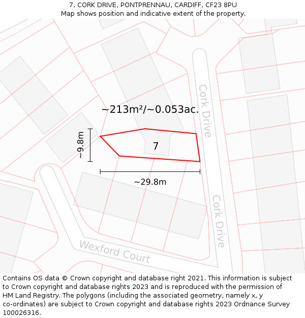 7, CORK DRIVE, PONTPRENNAU, CARDIFF, CF23 8PU: Plot and title map