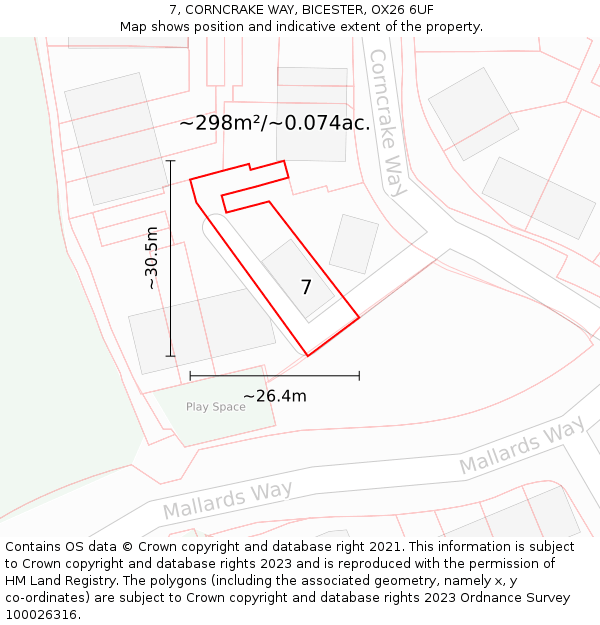 7, CORNCRAKE WAY, BICESTER, OX26 6UF: Plot and title map