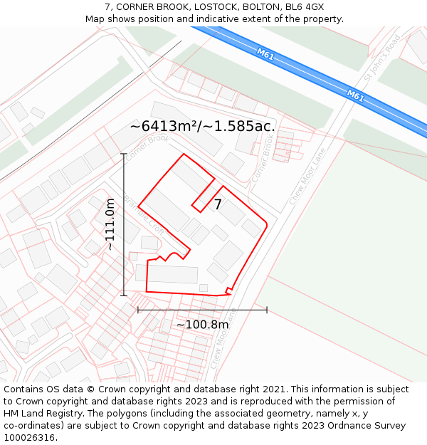 7, CORNER BROOK, LOSTOCK, BOLTON, BL6 4GX: Plot and title map