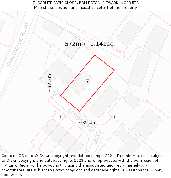 7, CORNER FARM CLOSE, ROLLESTON, NEWARK, NG23 5TR: Plot and title map