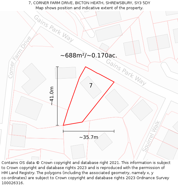 7, CORNER FARM DRIVE, BICTON HEATH, SHREWSBURY, SY3 5DY: Plot and title map