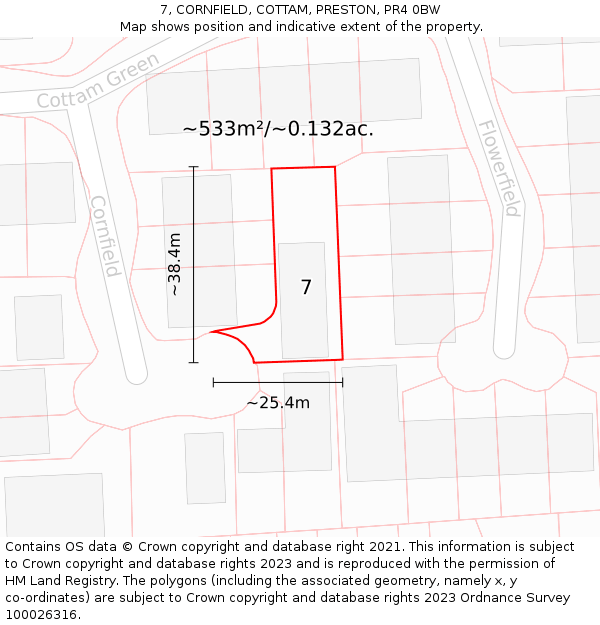 7, CORNFIELD, COTTAM, PRESTON, PR4 0BW: Plot and title map