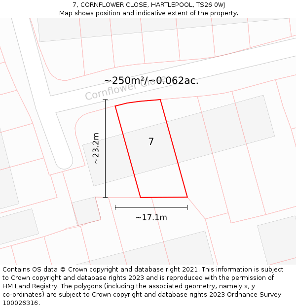 7, CORNFLOWER CLOSE, HARTLEPOOL, TS26 0WJ: Plot and title map