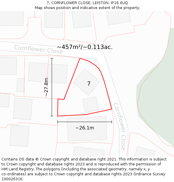 7, CORNFLOWER CLOSE, LEISTON, IP16 4UQ: Plot and title map