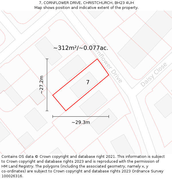 7, CORNFLOWER DRIVE, CHRISTCHURCH, BH23 4UH: Plot and title map