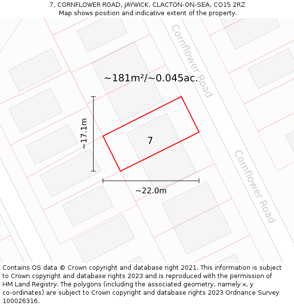7, CORNFLOWER ROAD, JAYWICK, CLACTON-ON-SEA, CO15 2RZ: Plot and title map