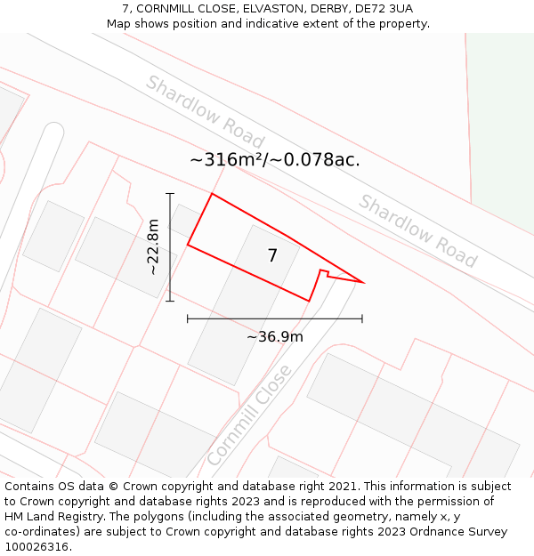 7, CORNMILL CLOSE, ELVASTON, DERBY, DE72 3UA: Plot and title map
