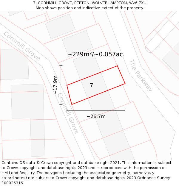 7, CORNMILL GROVE, PERTON, WOLVERHAMPTON, WV6 7XU: Plot and title map