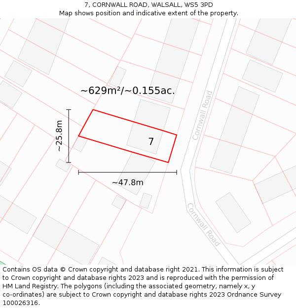 7, CORNWALL ROAD, WALSALL, WS5 3PD: Plot and title map