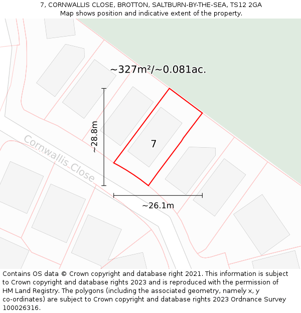 7, CORNWALLIS CLOSE, BROTTON, SALTBURN-BY-THE-SEA, TS12 2GA: Plot and title map