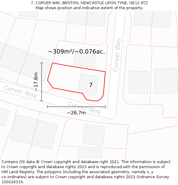 7, CORVER WAY, BENTON, NEWCASTLE UPON TYNE, NE12 9TZ: Plot and title map