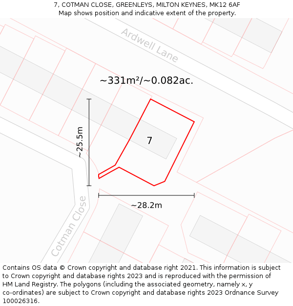 7, COTMAN CLOSE, GREENLEYS, MILTON KEYNES, MK12 6AF: Plot and title map