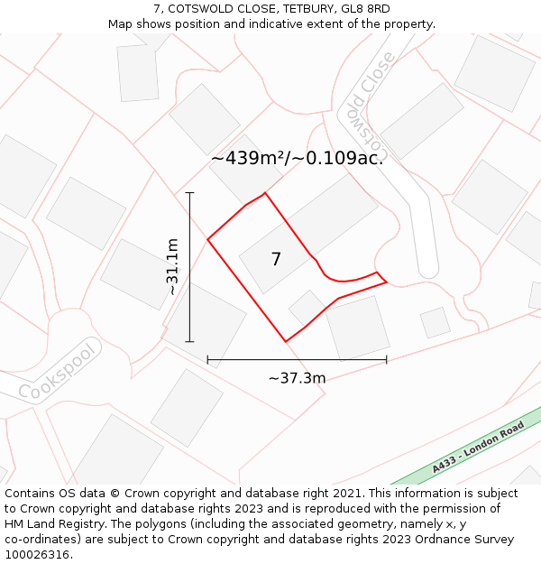 7, COTSWOLD CLOSE, TETBURY, GL8 8RD: Plot and title map