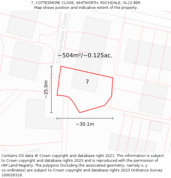 7, COTTESMORE CLOSE, WHITWORTH, ROCHDALE, OL12 8ER: Plot and title map