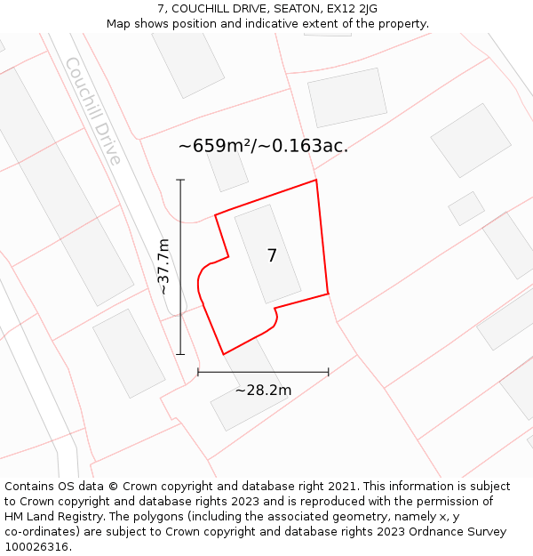 7, COUCHILL DRIVE, SEATON, EX12 2JG: Plot and title map