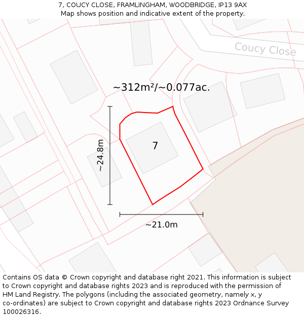 7, COUCY CLOSE, FRAMLINGHAM, WOODBRIDGE, IP13 9AX: Plot and title map