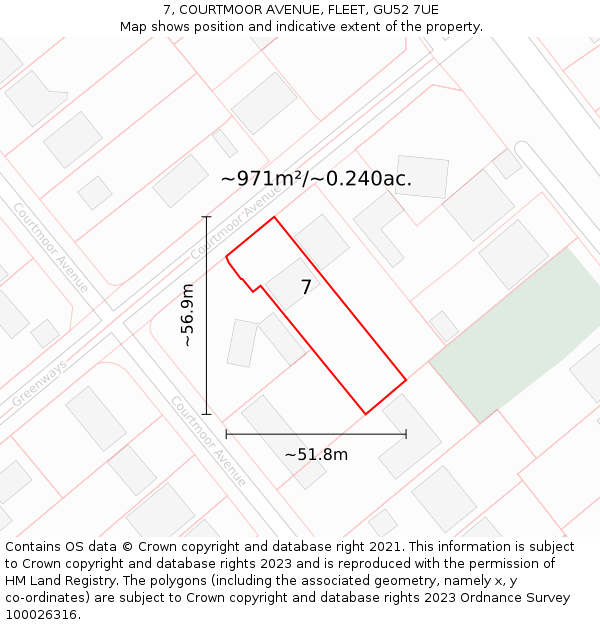 7, COURTMOOR AVENUE, FLEET, GU52 7UE: Plot and title map