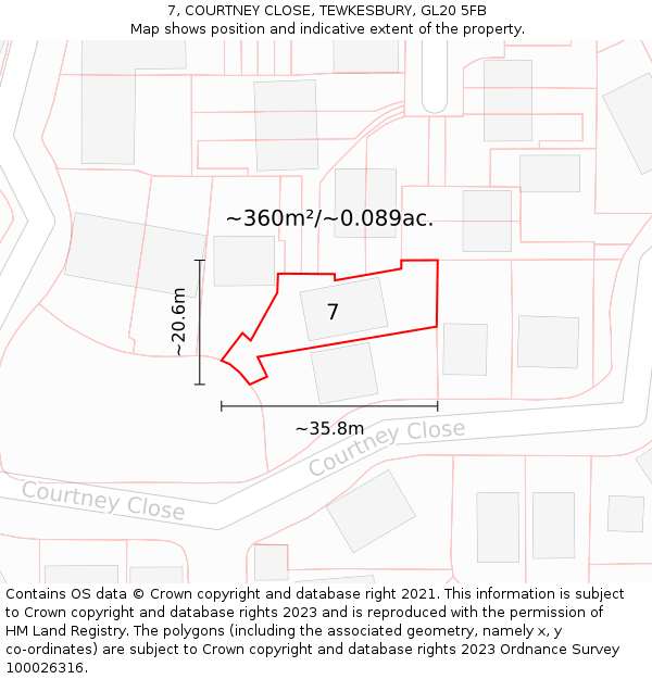 7, COURTNEY CLOSE, TEWKESBURY, GL20 5FB: Plot and title map