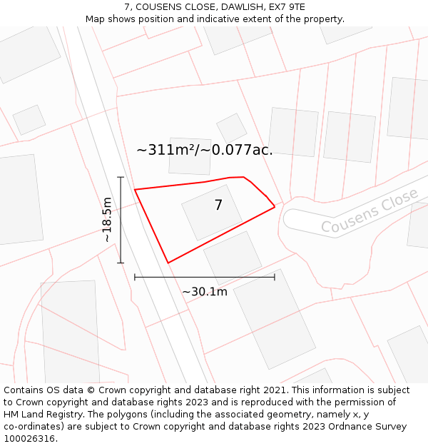 7, COUSENS CLOSE, DAWLISH, EX7 9TE: Plot and title map