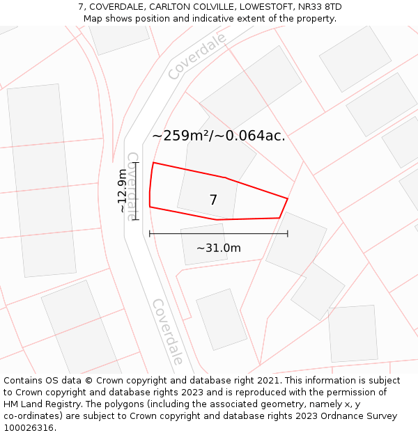 7, COVERDALE, CARLTON COLVILLE, LOWESTOFT, NR33 8TD: Plot and title map