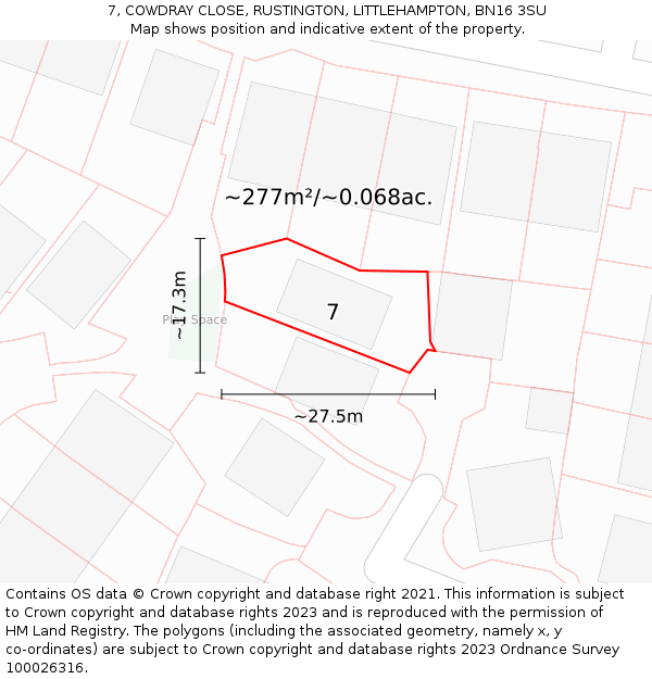 7, COWDRAY CLOSE, RUSTINGTON, LITTLEHAMPTON, BN16 3SU: Plot and title map