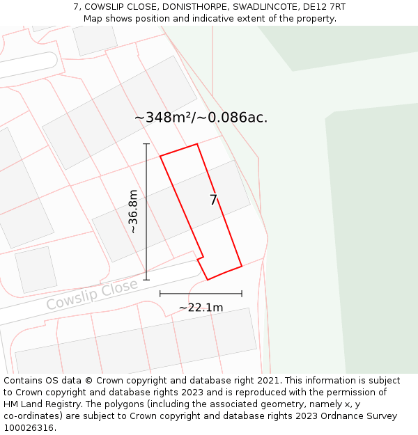 7, COWSLIP CLOSE, DONISTHORPE, SWADLINCOTE, DE12 7RT: Plot and title map