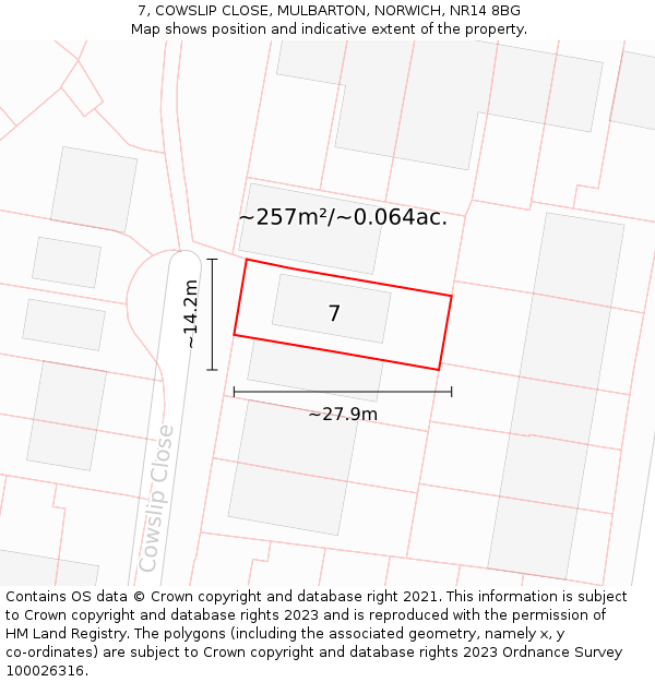 7, COWSLIP CLOSE, MULBARTON, NORWICH, NR14 8BG: Plot and title map