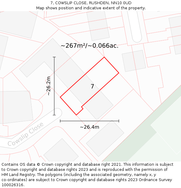 7, COWSLIP CLOSE, RUSHDEN, NN10 0UD: Plot and title map