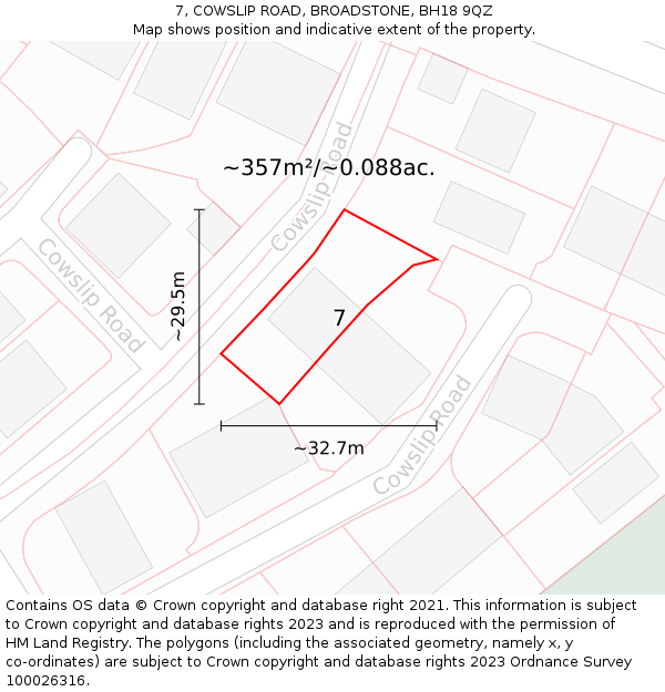 7, COWSLIP ROAD, BROADSTONE, BH18 9QZ: Plot and title map